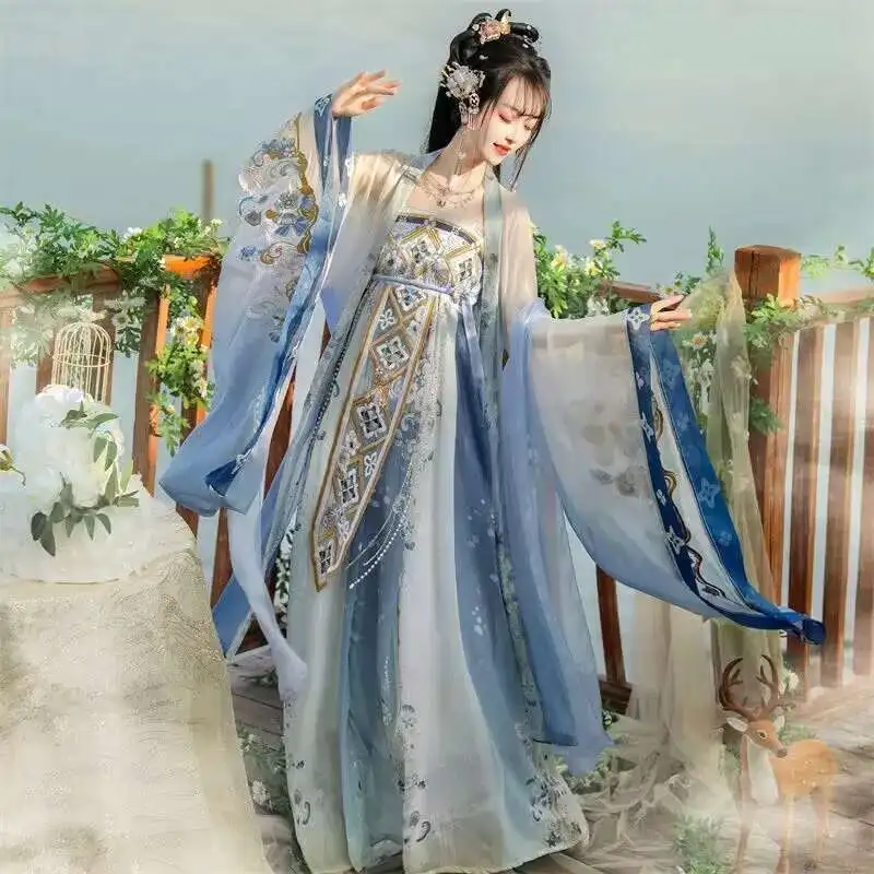

Chinese Hanfu Dress Women Traditional Embroidered Blue Hanfu Suits Carnival Cosplay Costume Party Hanfu Dress Plus Size 2XL