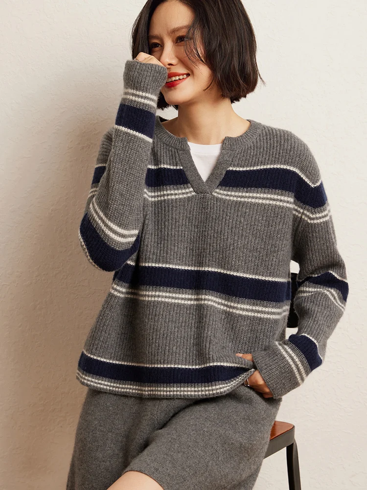 New 100% Goat Cashmere Women V-Neck Sweater Striped Pullover  Autumn Winter Thick Cashmere Knitwear Casual Loose Clothing Tops