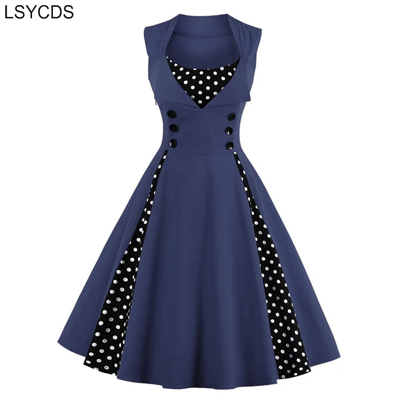 LSYCDS Elegant Cotton Dresses Women Square Collar Button Summer Polka Dot Sleeveless Pin Up Vintage 50s Rockabilly Party Dress