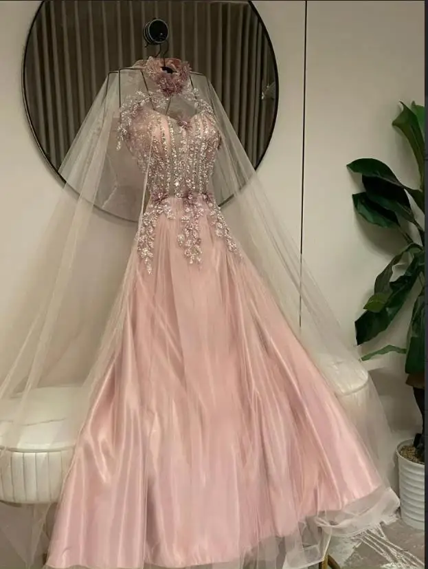 Robe de soirée brodée de perles personnalisées, avec Cape, ligne A, en Tulle rose, robes d'occasion formelles