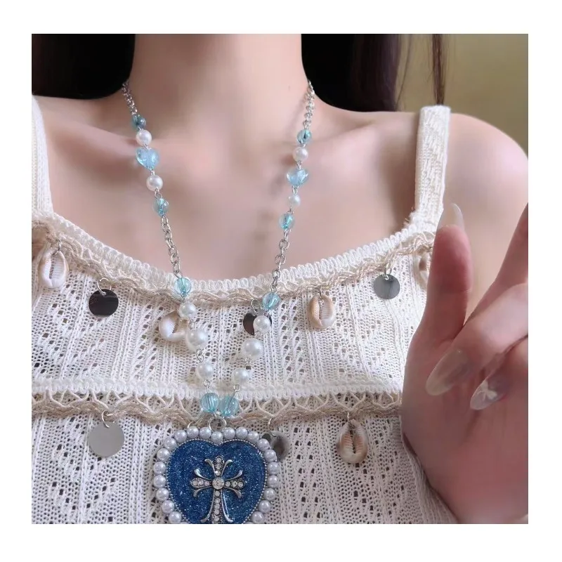 

Sweet and Cool Babes Wind Dripping Oil Love Cross Pearl Blue Necklace Women's Niche Fashion Light Luxury Collarbone Chain
