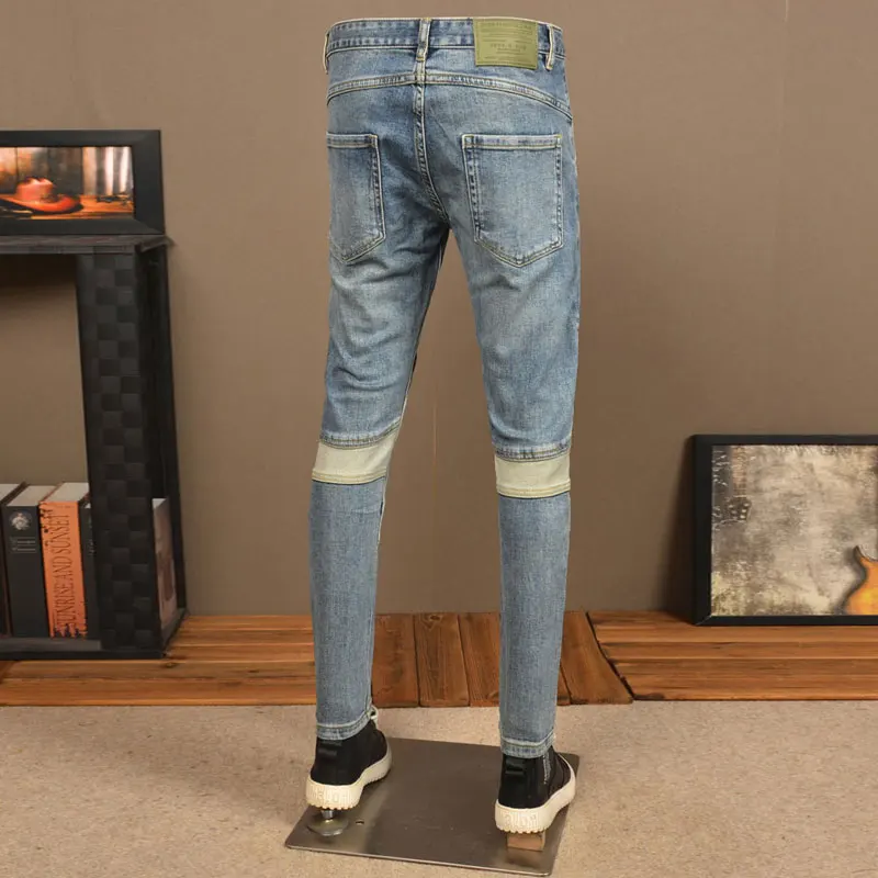 High Street Fashion Men Jeans Retro Washed Blue Stretch Slim Fit Patched Ripped Jeans Men Spliced Designer Hip Hop Denim Pants