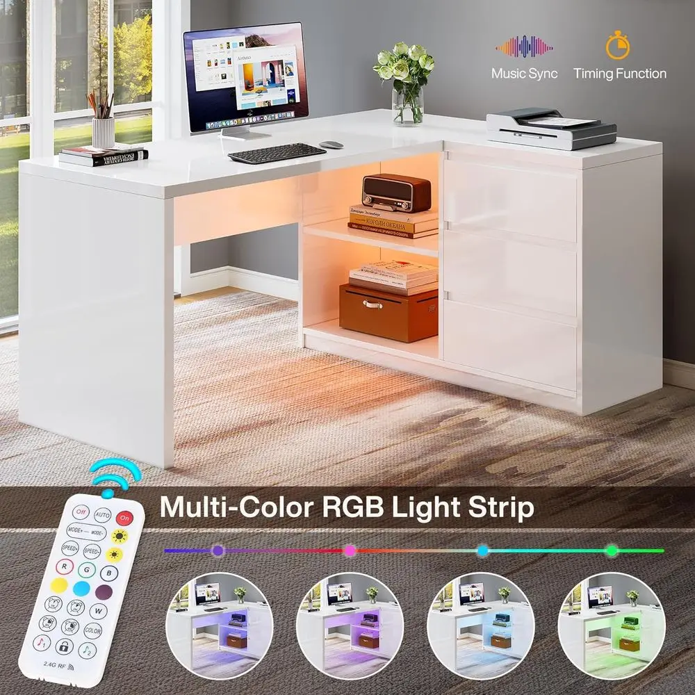 55 مكتب على شكل حرف L مضاء بإضاءة LED مع 3 أدراج ورفين للمكتب المنزلي أو الدراسة