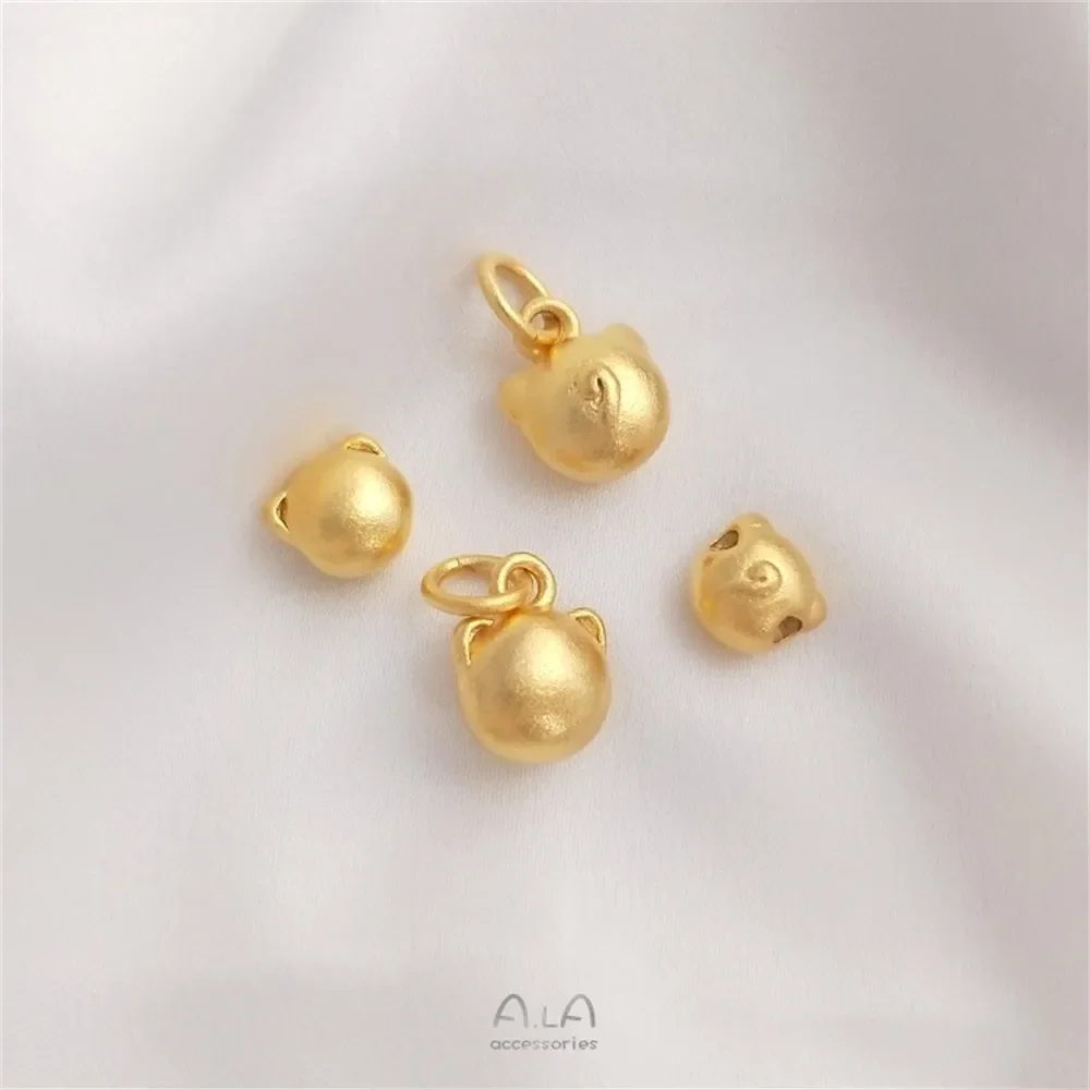 Sand Gold Round Cat Head Through Hole Beads, Cat Head Pendant Charms for DIY Bracelet Jewelry Making Accessories