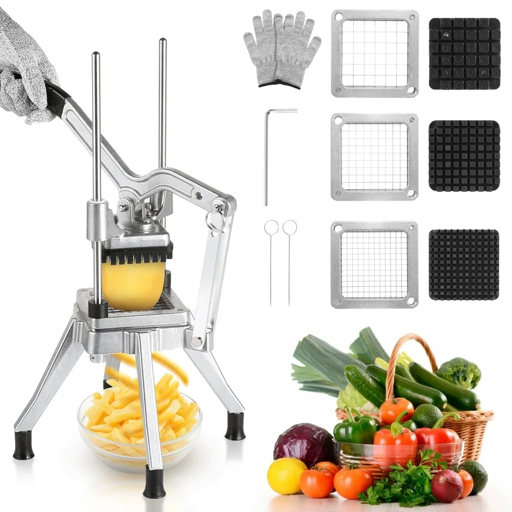 Commercial Chopper with 3 Replacement Blades Commercial Vegetable Manual Slicer Stainless Steel for Restaurants & Home Kitchen