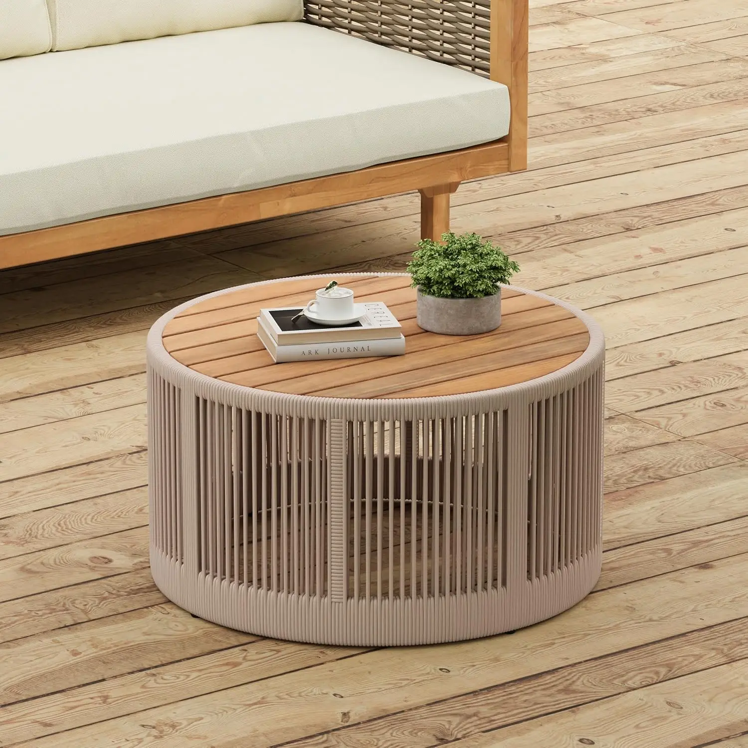 Outdoor Round Coffee Table, Acacia Wood Patio Tea Table With Rattan Rope Accents And Sturdy Metal Frame, Weather Resistant Center Accent Furniture For Garden Balcony Yard, Rustic, Beige Teak, One Piece