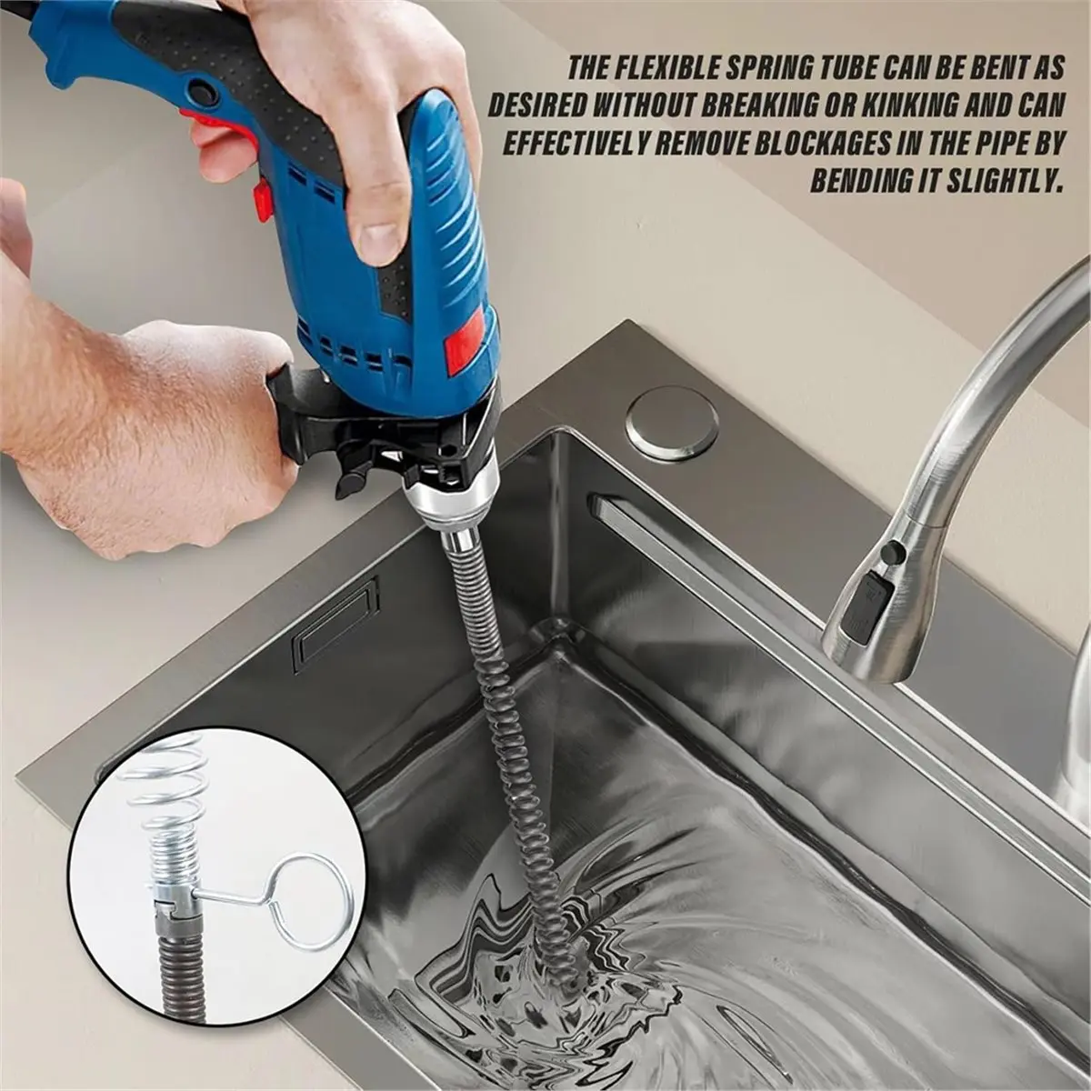 【STABLE QUALITY】16.6 Feet X 1/2 Inch Solid Drain Cleaning Cable with Six Shapes of Cutters,Steel Flexible Solid Core Sewer Drain