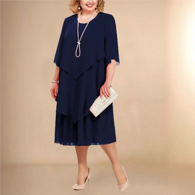 

Elegant Chiffon Dress Women's Irregular Layered Hem Plus Size O-neck Batwing Sleeves Dresses Fashion Party Wedding Guest Dresses