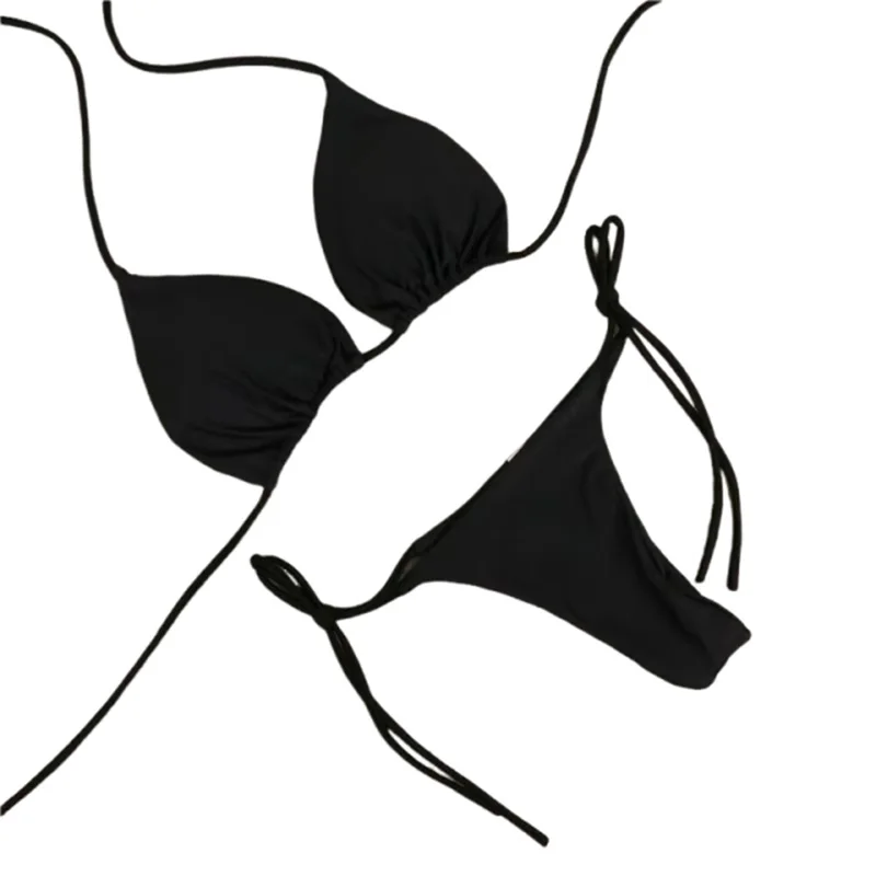 Solid Red String Bikini Set Halter Neck Triangle Top Side Tie Thong Bottom Women Summer Beach Swimwear