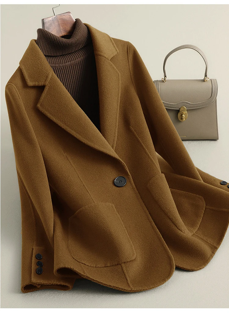 Women's Suit Collar Double-sided Cashmere Wool Coat 2024 Fall Winter Chic Ladies Single Button Loose 100% Woolen Blazer Jackets