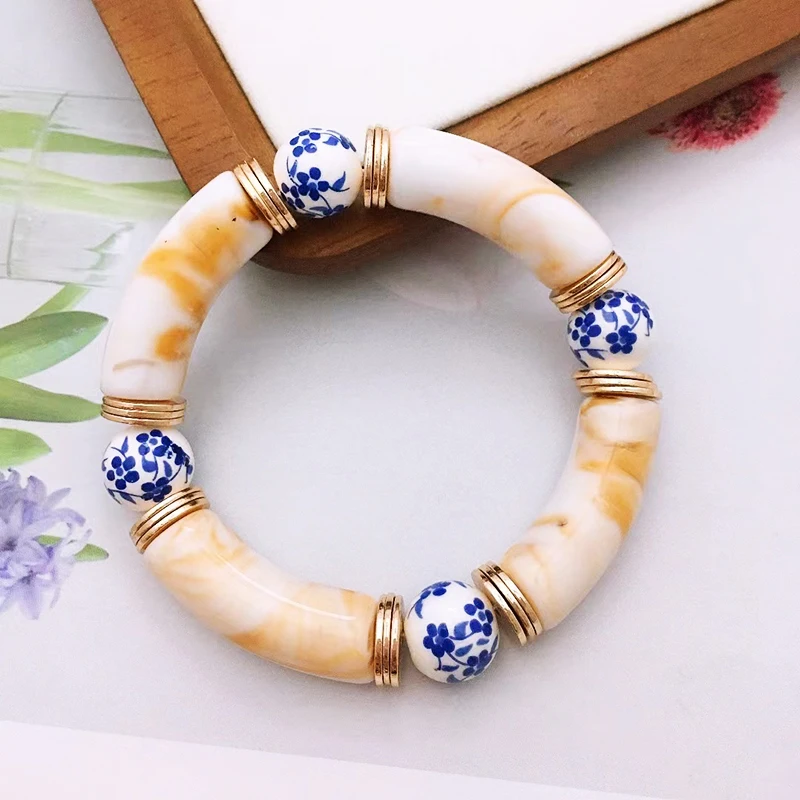 Vintage Resin Bamboo Bracelet for Women Multi Color Stretchy Handmade Ceramic Beads Temperament Elastic Bangles Fashion Jewelry