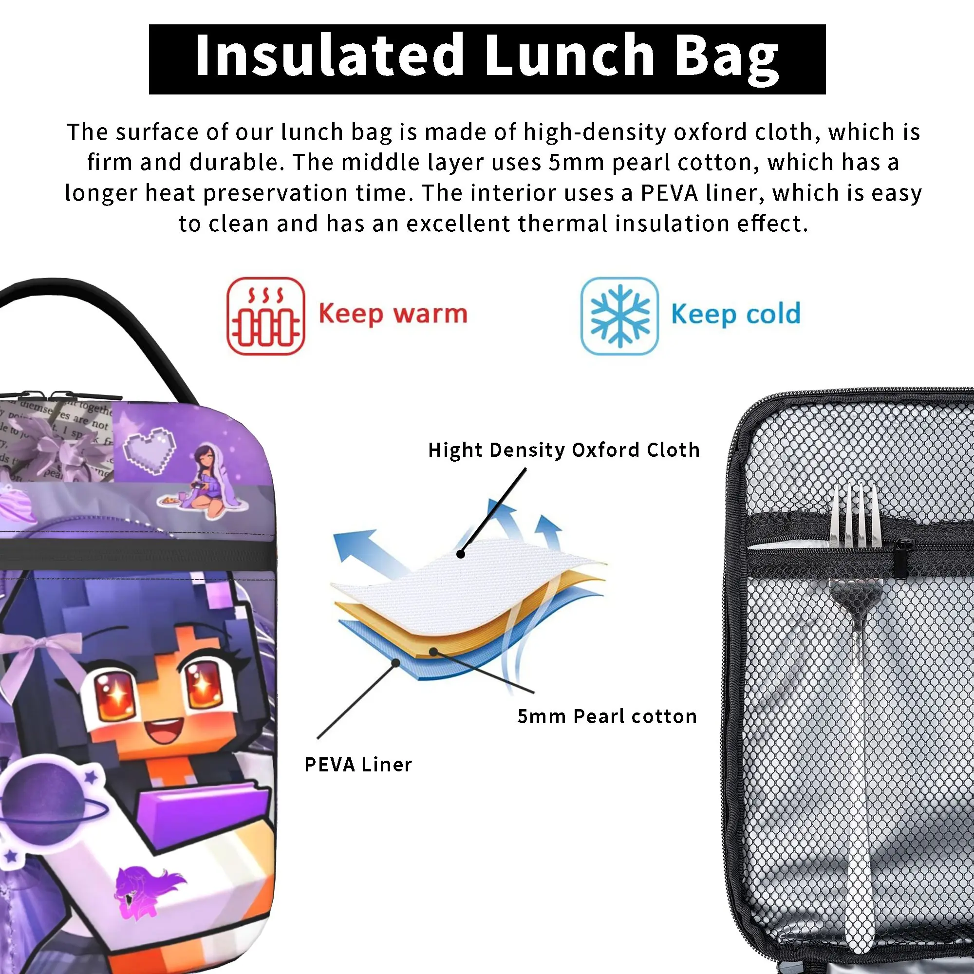 A-Aphmau Cartoon Isolierte Lunchtasche für Männer und Frauen, Lebensmitteltasche, tragbare Kühlbox, Thermo-Lunchboxen für Schule und Büro – Detail 5