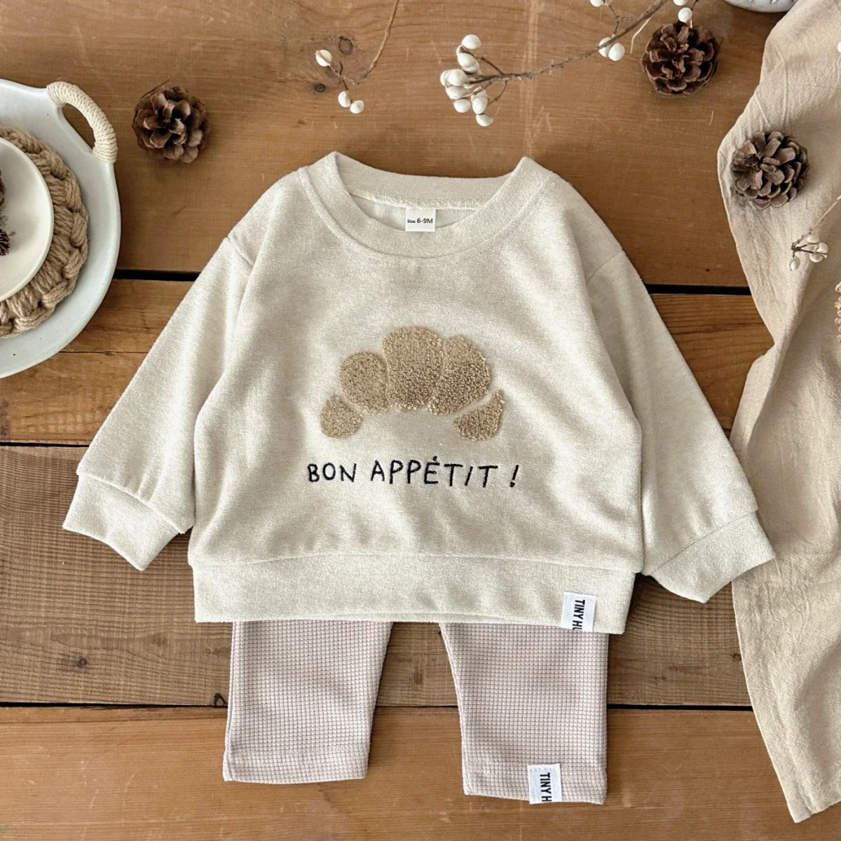Newborn 2Pcs Clothes Set Unisex Baby Crew Neck Croissant Embroidery Top Solid Waffle Knit Pants