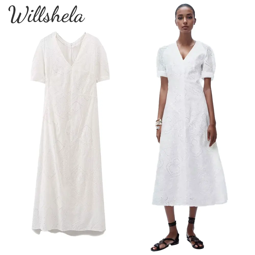 

Willshela Women Fashion White Cotton Embroidery Midi Dress Short Sleeves V-Neck Hollow Out Female Chic Casual Long Vestidos
