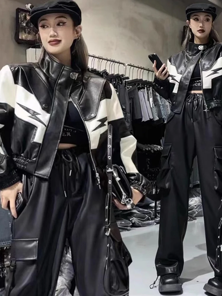 Women Zipper Embroidery Fashion Motorcycle Short Coat Stand Collar Splicing and Contrasting Colors PU Leather Jacket