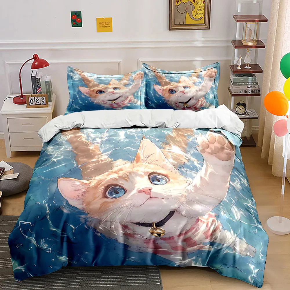 Cat swimming in blue water cartoon Print Bedding Set 1 Duvet Cover 2 Pillowcases for Adult and Children Luxury Gift Full Size