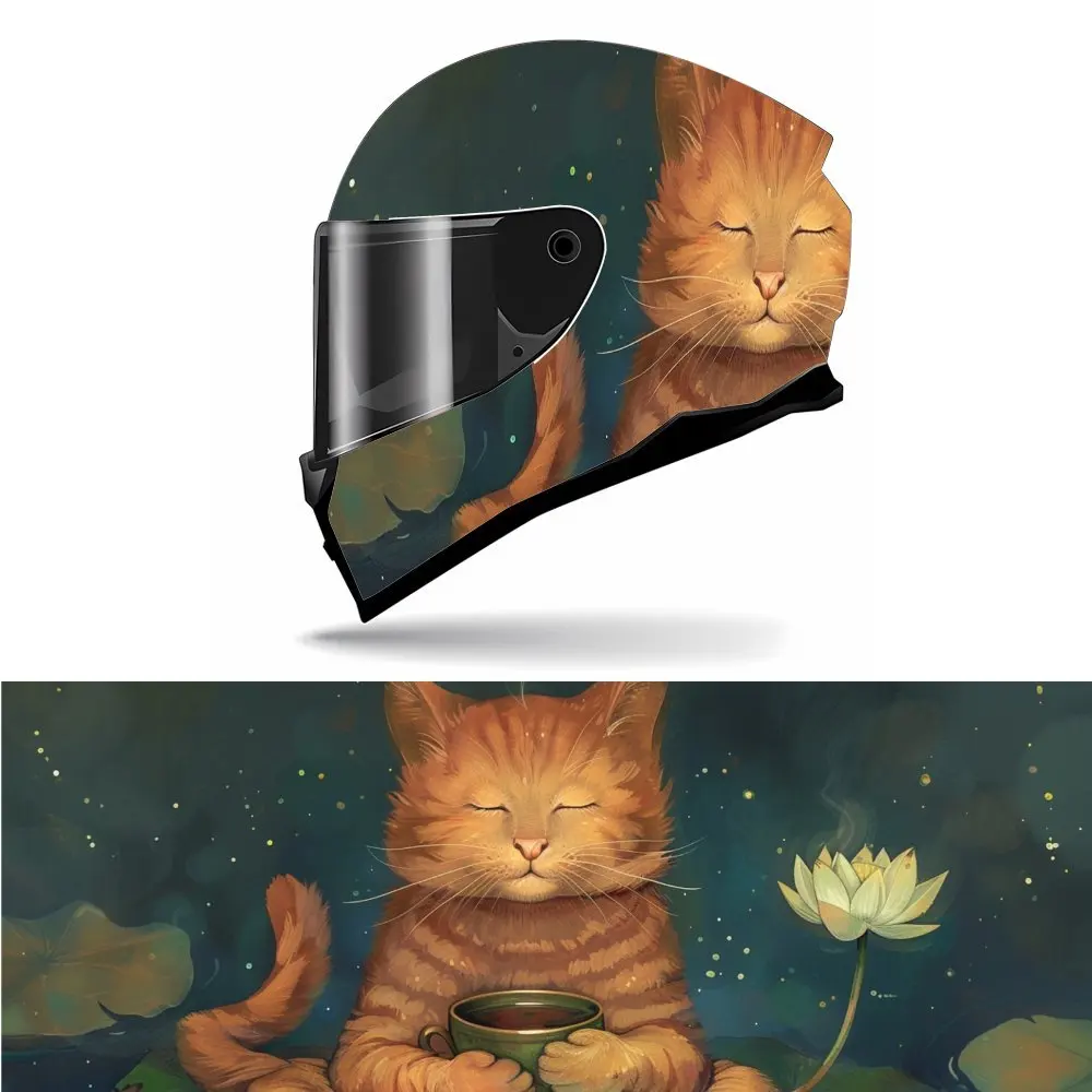 

Dark Night Meditation Orange Cat Motorcycle Helmet Decal, Self-adhesive Waterproof Helmet Vinyl Wraps Decoration, Universal DIY