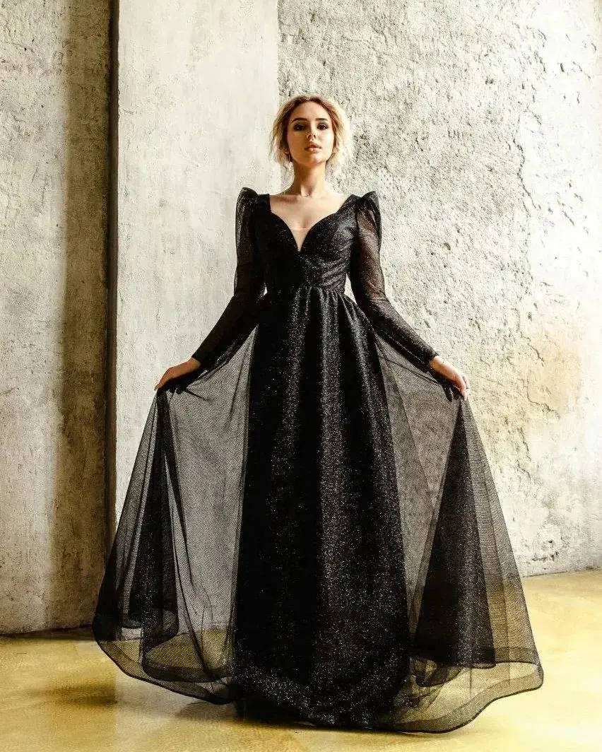 Stunning Black Long Sleeves V-neck Princess A Line Evening Dresses Custom Made Formal Party Grown 2024 Rode De Morrie