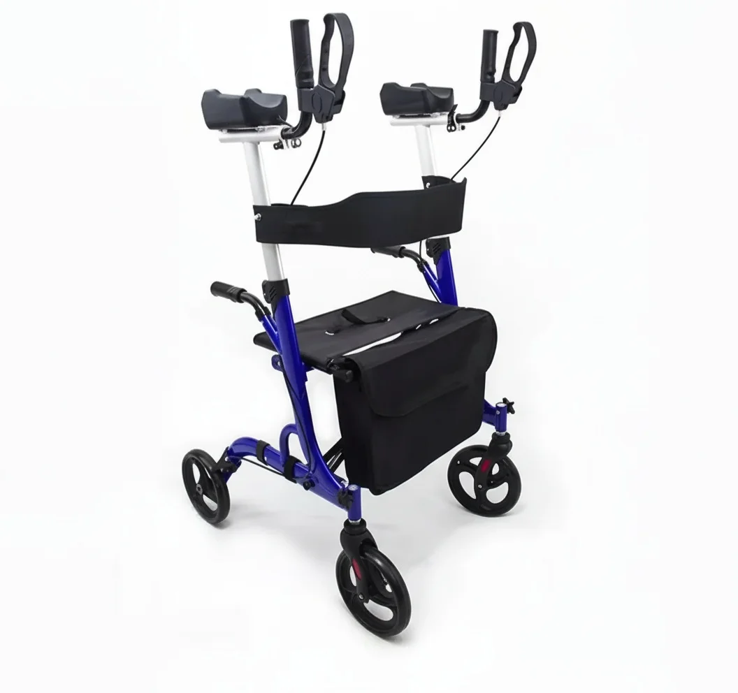 Forearm Rollator Aluminum Alloy and Wood, 6 Level Adjustable Walking Aid, Rollator with Brakes, Rehabilitation Therapy Aid