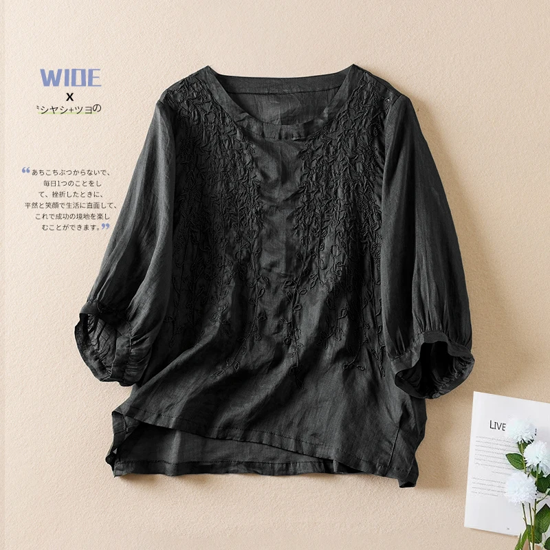 Cotton Linen Women\'s Shirt Summer 2023 New Embroidery Vintage Blouses Loose Short Sleeves Top O-neck Ladies Clothing