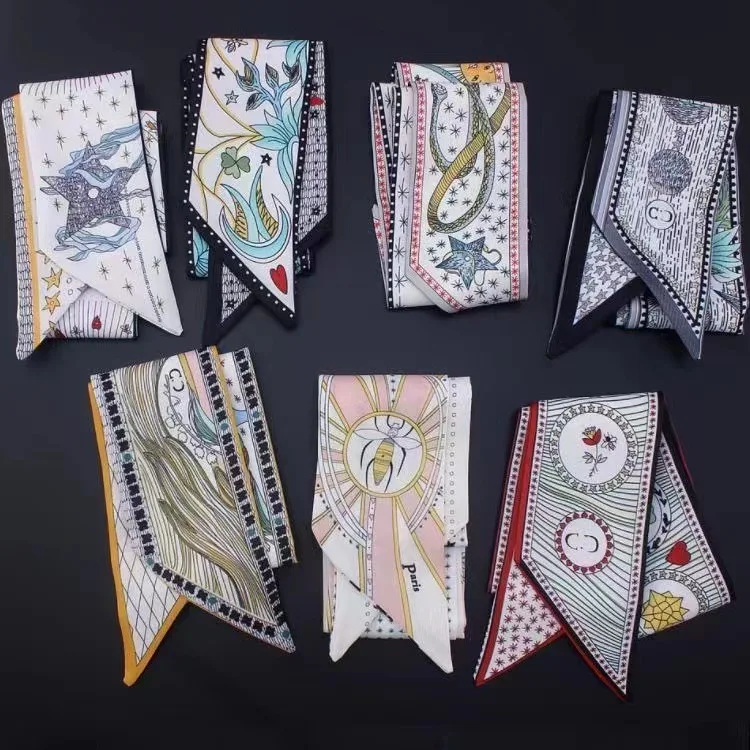 

Новая шелковая лента-платок серии Tarot для женщин: тонкая узкая лента для украшения головы, ручки сумки, маленький шарф-лента.