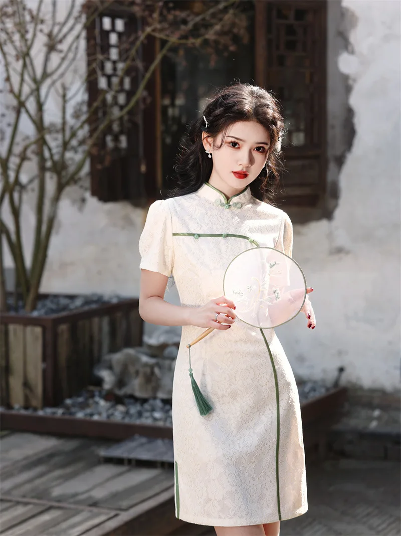 

Elegant New Lace Short Cheongsam Chinese Classic Women's Qipao Short Sleeve Sexy Wedding Evening Party Dress Girls Daily Clothes