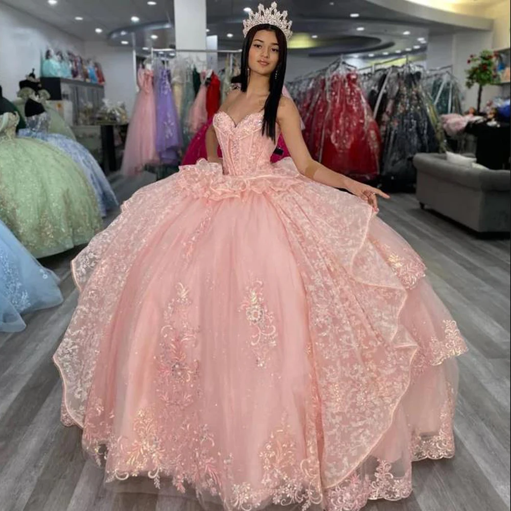 Customized Pink Quinceanera Dress Tulle Lace Ruffles Sweet 16 Party Dresses Sweetheart Ball Gown Junior Tiered Birthday Dress