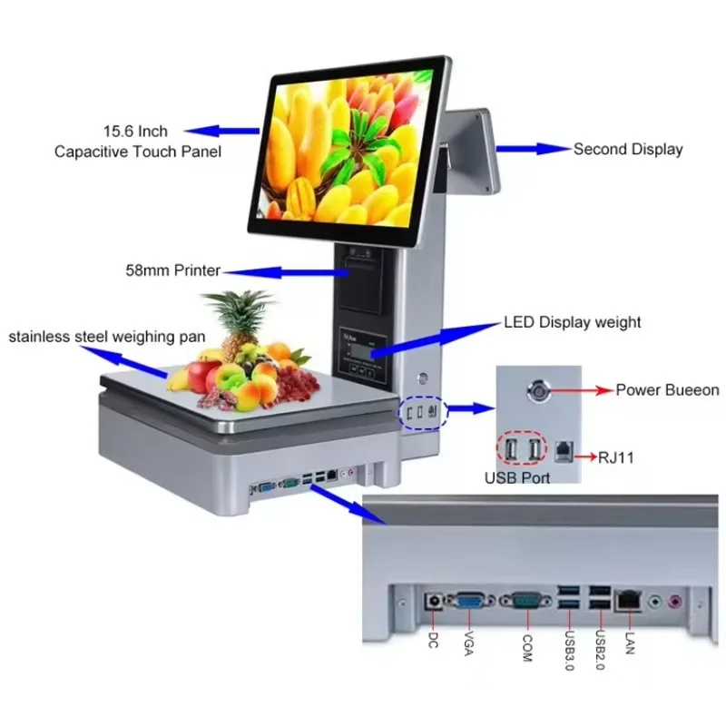 POS AI Recognition Supermarket Weighing Scale Android System 10-Point Multi-Touch Label Printing