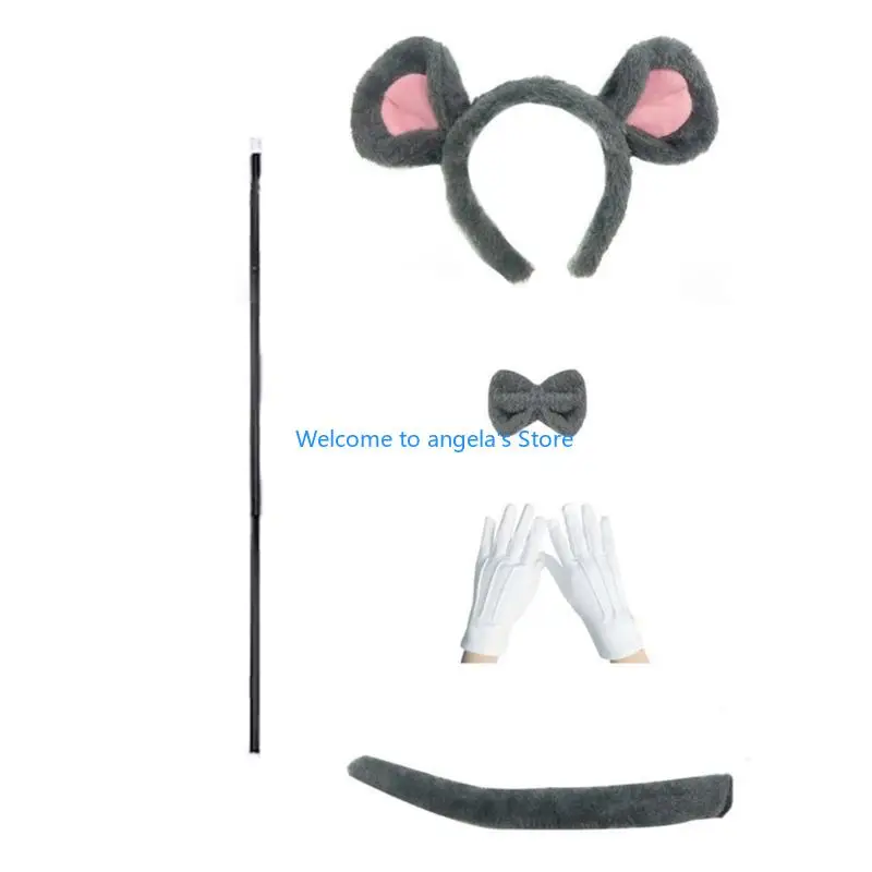 X4YC مجموعة إكسسوارات زي الفأر 6 قطع، عصابات رأس لآذان الفأر نظارات شمسية دائرية قابلة للطي وقفازات بيضاء وربطة عنق #4