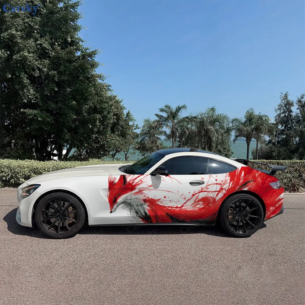 2pcs Dynamic Red Line Fox Decal, Durable, Fade-resistant, Enhance Vehicle Aesthetics Wold Artistic Design Car Vinyl Wrap