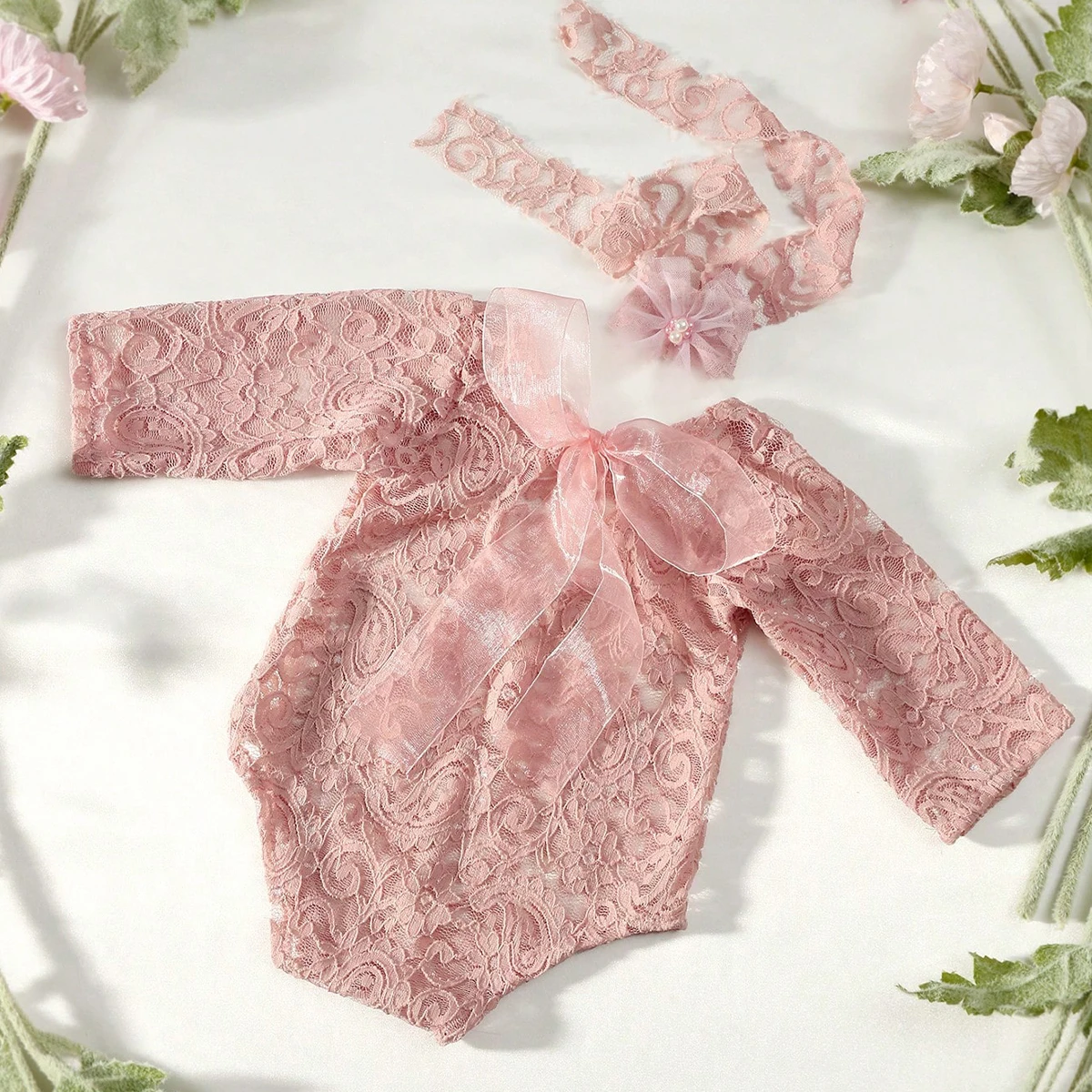 Ylsteed Dusty Pink Newborn Lace Romper Infant Photography Outfits With Matching Headband Baby Girl Photo Shooting Picure Props