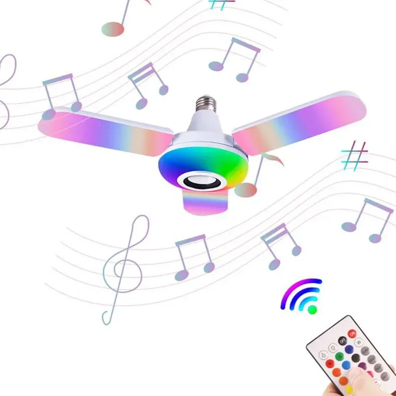 بلوتوث موسيقى خفيفة E27 واجهة الهاتف المحمول مشغل الصوت اللاسلكي إضاءة المنزل مروحة قابلة للطي نوع المرحلة أضواء Led ملونة
