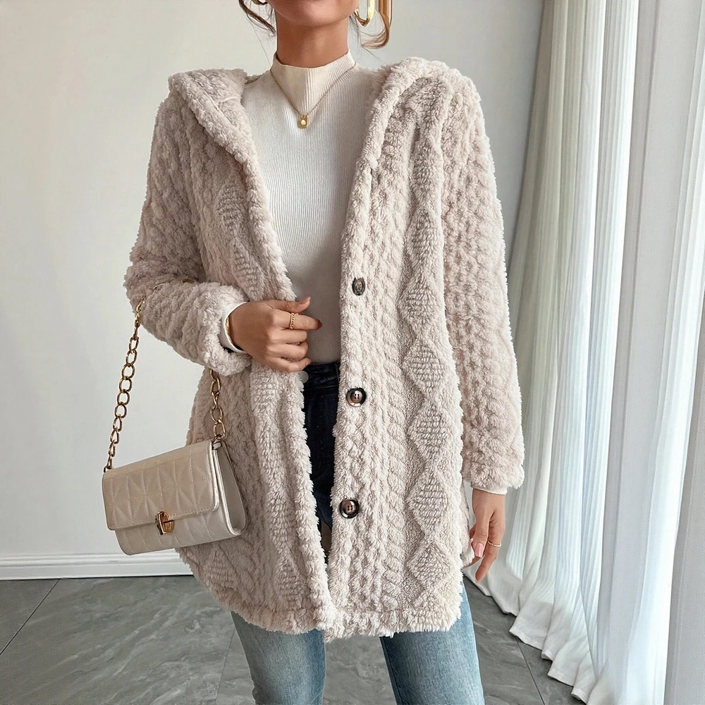

Осень-зима женский однотонный открытый кардиган с капюшоном на пуговицах с длинным рукавом повседневное шерстяное пальто куртка свободного покроя модная верхняя одежда
