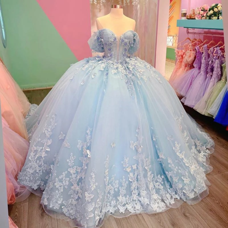 

Sky Blue Sparkling Princess Quinceanera Dresses Ball Gown Off The Shoulder Bow Beads Tull Sweet 16 Vestidos De 15 Años Birthday