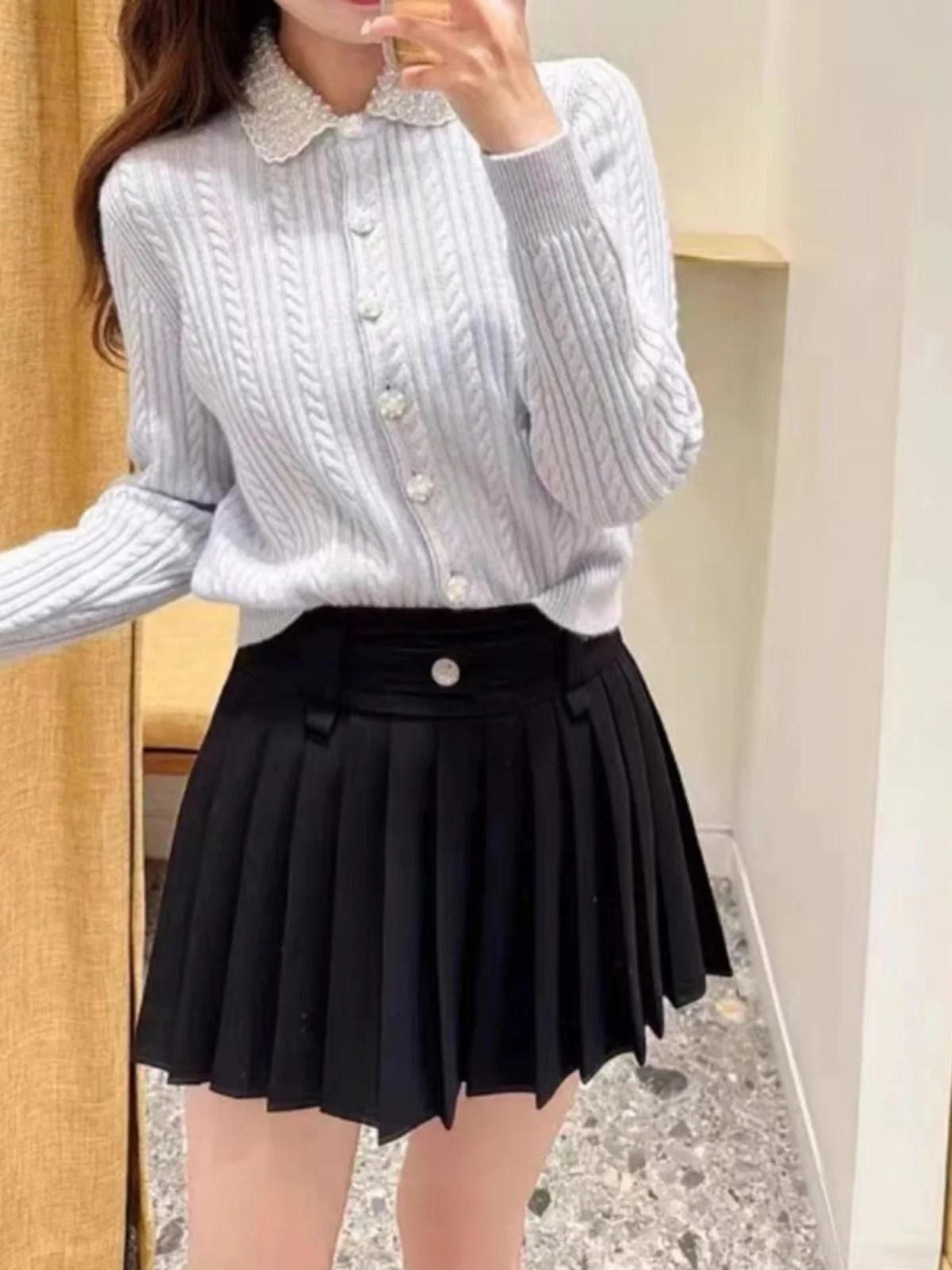 

Quali M-Home Spring New Sweet Heavyweight Pearl Doll Collar Wool Linen Knitted Sweater Top Women's Faion Ele Sle