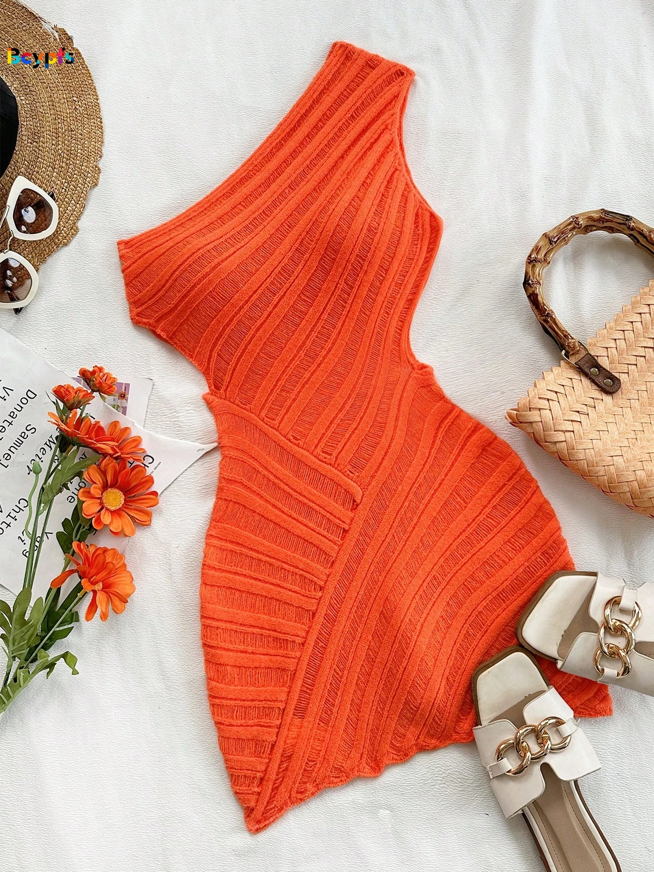 2026 Einschultriges Cut-Out Bodycon-Kleid Damen Strukturiertes Strickkleid Orange Figurbetontes Mini-Partykleid Cocktailkleid