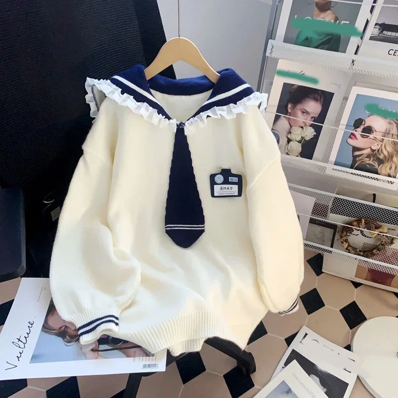 

Sailor Collar Japanese Loose Knitted Preppy Style Pullovers Patchwork Women Sweet Sweaters Grunge Y2k Female Ruffled Jumpers
