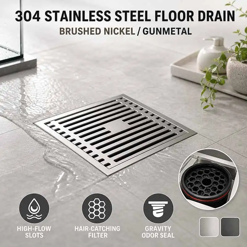 Odor-Proof 10cm Square Shower Floor Drain Stainless Steel Drain Cover With Removable Grate Hair Stopper Bathroom Laundry Room
