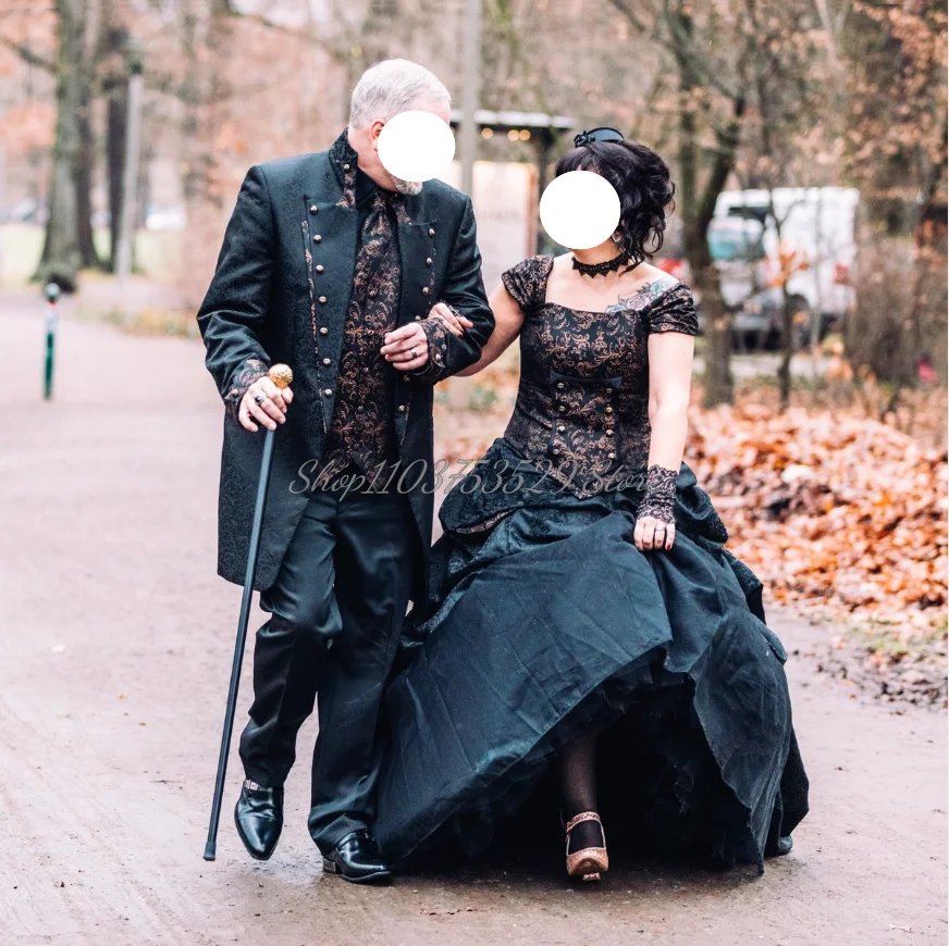 Gothique Noir Médiéval à Manches Courtes et Col Carré pour Mariage, Sexy, Grande Taille, Peluche Plissée, Colonne à Plusieurs Niveaux, Patients Punk Victoriens