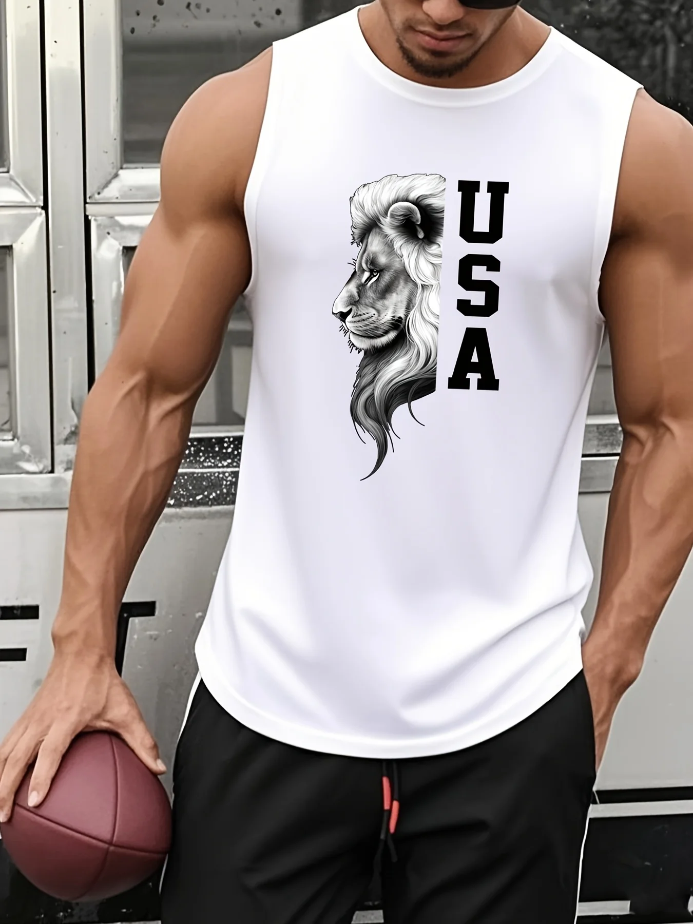 

Trendy men's casual fashion lion pattern letter print milk silk sleeveless rolled hem vest