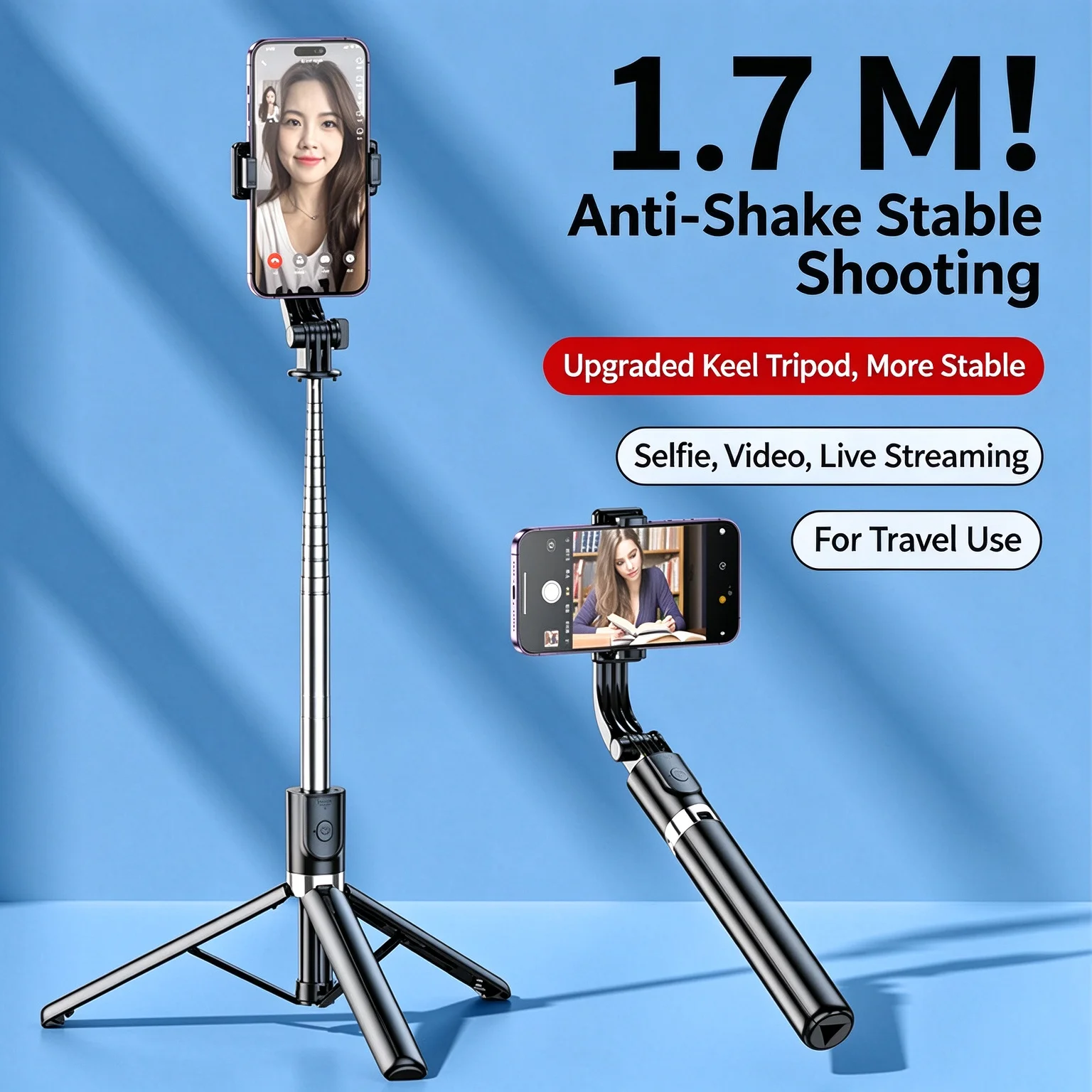 170CM Selfie Stick Ultra Long Stretch Phone Holder Wireless Bluetooth Remote with Fill light Tripod Stand Anti-Shake Stabilizer