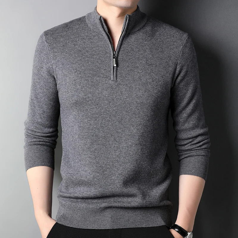 Men's Wool Knitted Pullover Thick Trend Sweater High-end Fabrics Best-selling Sweaters Mock Neck Zipper Collar Korean Version