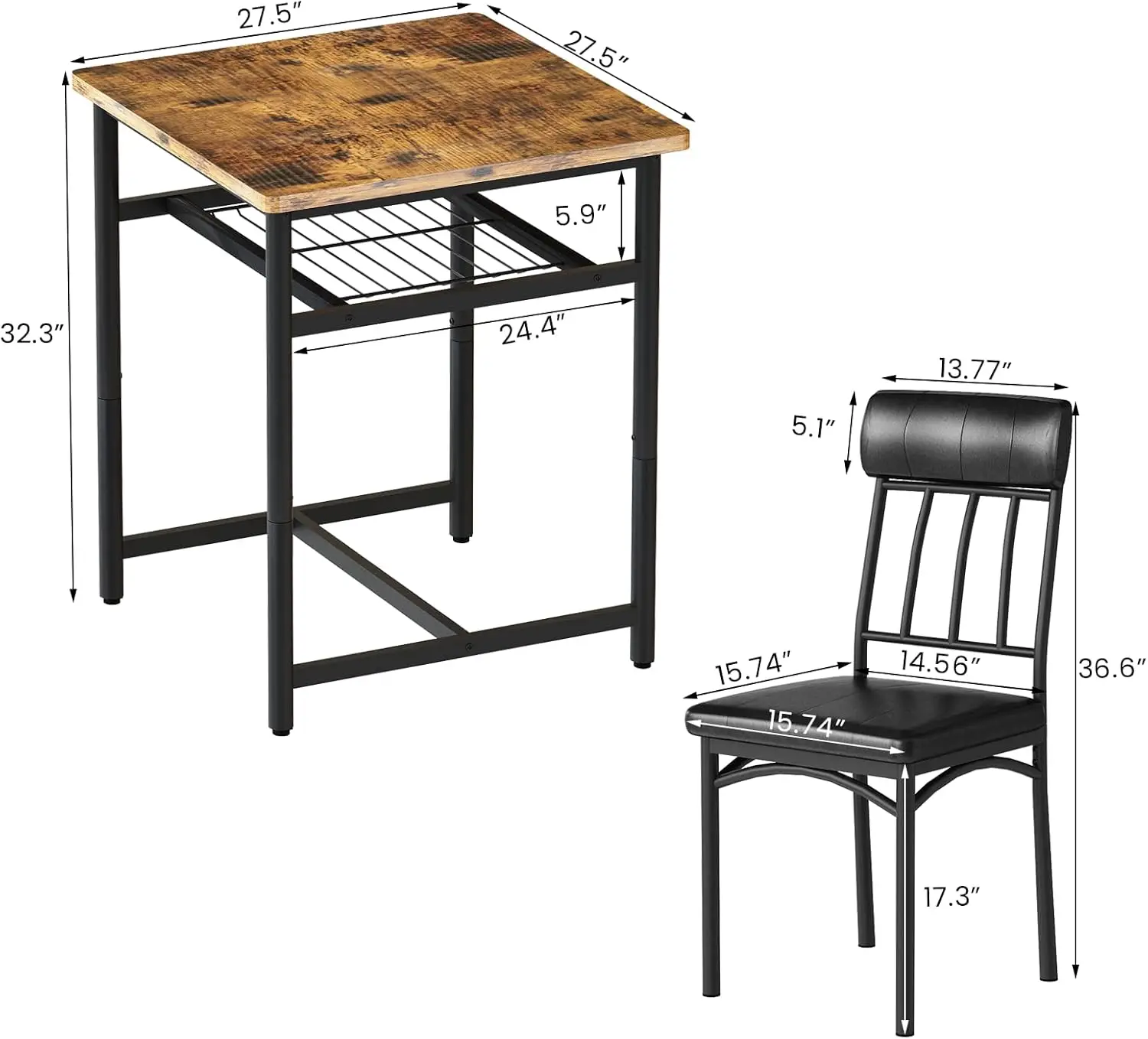 3-Piece Wooden Table And Chairs Set, Kitchen Table And Leather Chairs For 2 People, Built-In Wine Ra For Small Space, Square