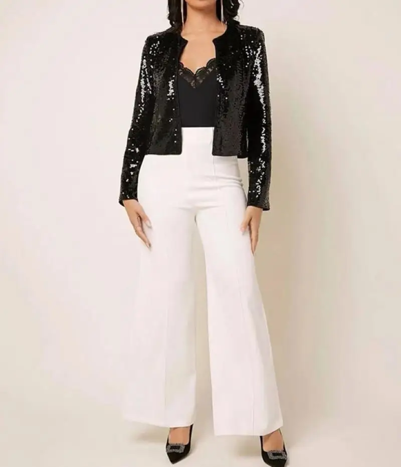 

Trendy Fashion Women's Short Jacket Solid Color Full Body Sequin Evening Party Cardigan Jacket Women's Slim Elegant Short Jacket