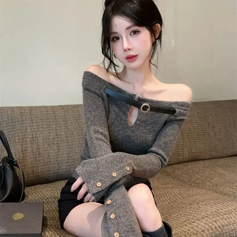 

Hot Girl Pure Desire One-Shoulder Hollow Knitted Top Women'S Autumn Winter Designed Bottoming Shirt Western Style Slim Sweater