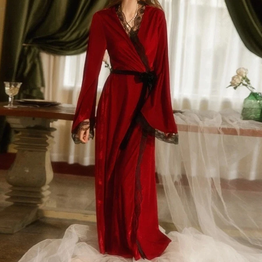 Velvet Robes for Women Long Sleeve Belted Lace Patchwork Trim Bathrobe Soft Loungewear Ladies Sleepwear
