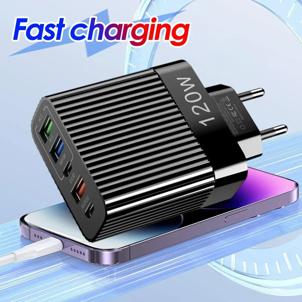 120W Mobile Phone Quick Charging Chargers 5Ports USB PD Type C Cellphone Wall Charger Adapter for IPhone Android US/EU Universal