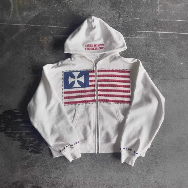 American vintage y2k street loose zip up hoodie patch embroidery sports casual european american daily sweat outerwear