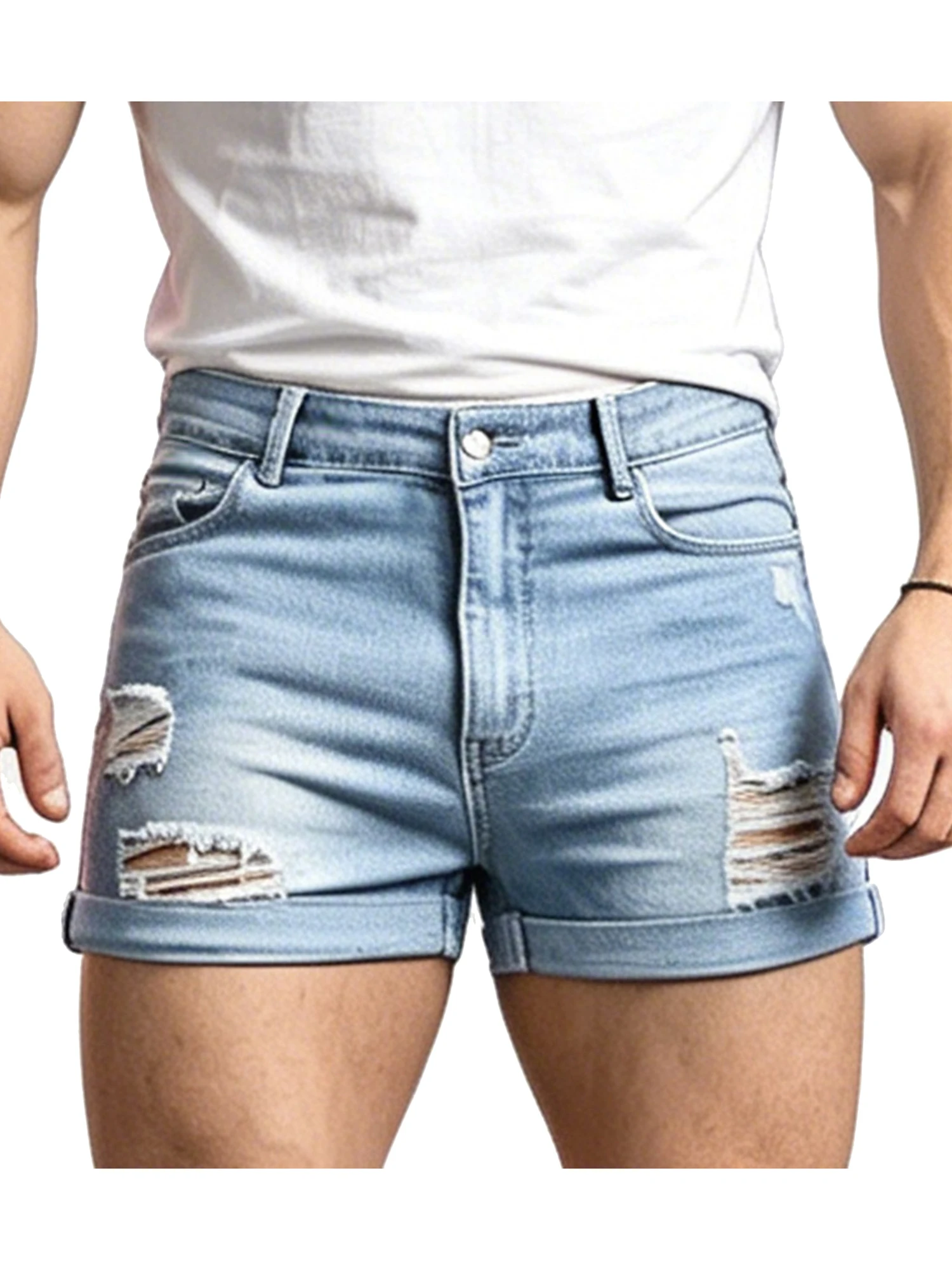

Men Casual Mid Waist Denim Shorts with Belt Loops Button Pockets Stretchy Lightweight for Daily Club Parties Summer Night
