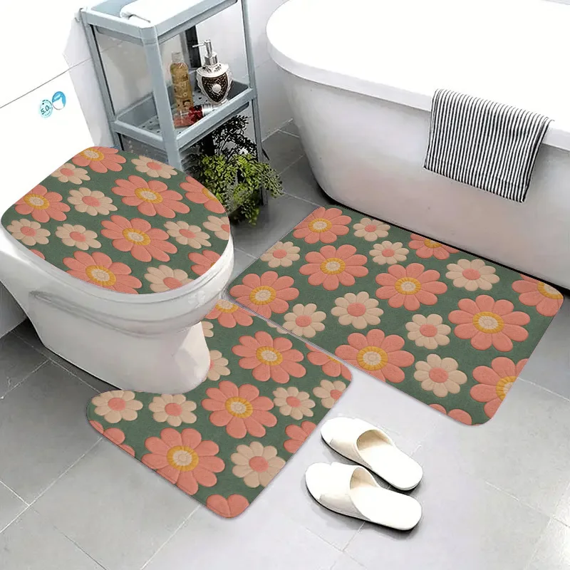 

Набор для ванной Pink Daisy: коврик, накладка на крышку унитаза и U-образный коврик из мягкого фланеля, нескользящие, для декора дома и ванной комнаты
